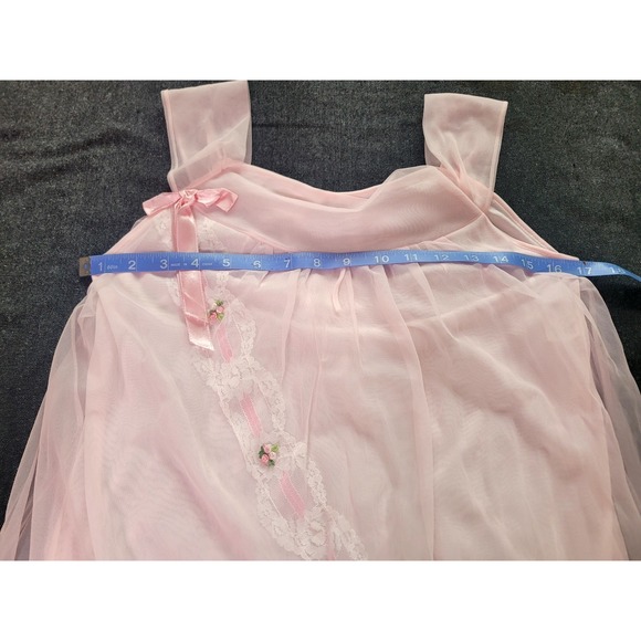 Vintage 60s 70s Movie Star Pink Nightgown Layered Bow Lingerie Small Lace Baby - Picture 6 of 8